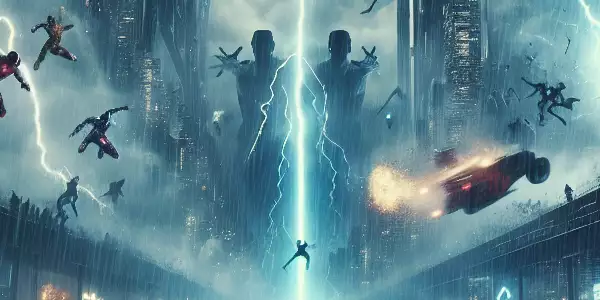 超级英雄在未来城市暴雨中与反派激烈对决。